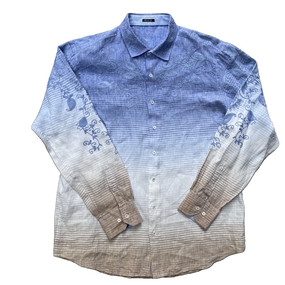 Bugatchi Uomo Men's XL 100% Linen Shirt Embroidered Floral Paisley Striped